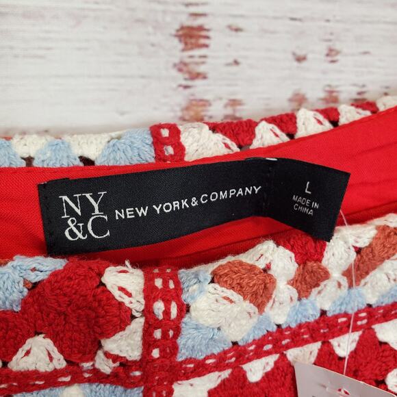 New York & Company L Cottage Ruffle Tier Dress Red Multi Crochet Top Flare Skirt - Picture 5 of 16